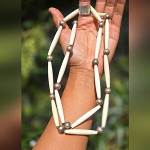 Southwestern tribal handmade bone silver ball long necklace